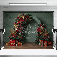 Lofaris Modern Christmas Floral Arch Photography Backdrop Red and Gold Poinsettia Half-Arch Elegant Holiday Photo Background
