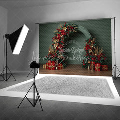 Lofaris Modern Christmas Floral Arch Photography Backdrop Red and Gold Poinsettia Half-Arch Elegant Holiday Photo Background