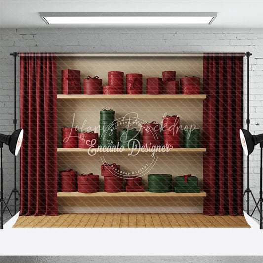 Lofaris Modern Christmas Gift Wall Photography Backdrop Shelves of Red and Green Presents Holiday Boutique Photo Background