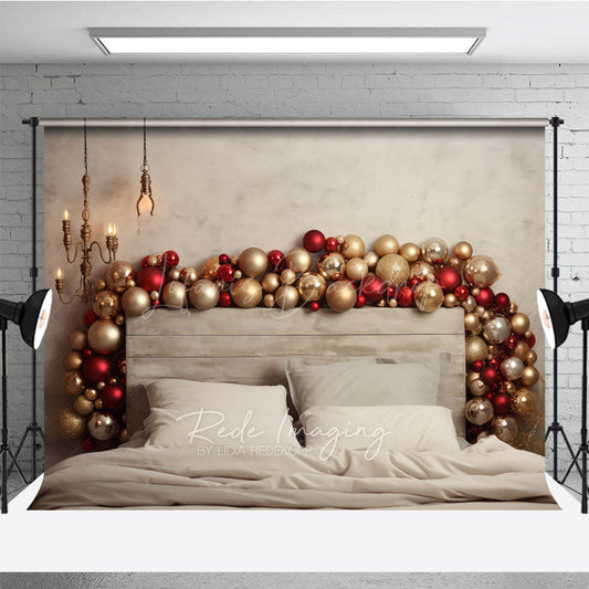 Lofaris Modern Christmas Headboard Photography Backdrop Red and Gold Balloon Garland Rustic Chic Bedroom Photo Prop