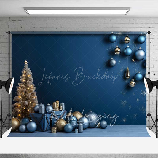 Lofaris Modern Christmas Photography Backdrop Blue and Gold Ornaments with Gifts Minimalist Holiday Studio Photo Prop