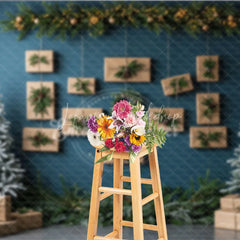 Lofaris Modern Christmas Photography Backdrop Blue Wall with Hanging Kraft Paper Presents Flocked Trees Holiday Background