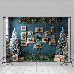 Lofaris Modern Christmas Photography Backdrop Blue Wall with Hanging Kraft Paper Presents Flocked Trees Holiday Background