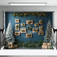 Lofaris Modern Christmas Photography Backdrop Blue Wall with Hanging Kraft Paper Presents Flocked Trees Holiday Background