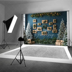 Lofaris Modern Christmas Photography Backdrop Blue Wall with Hanging Kraft Paper Presents Flocked Trees Holiday Background