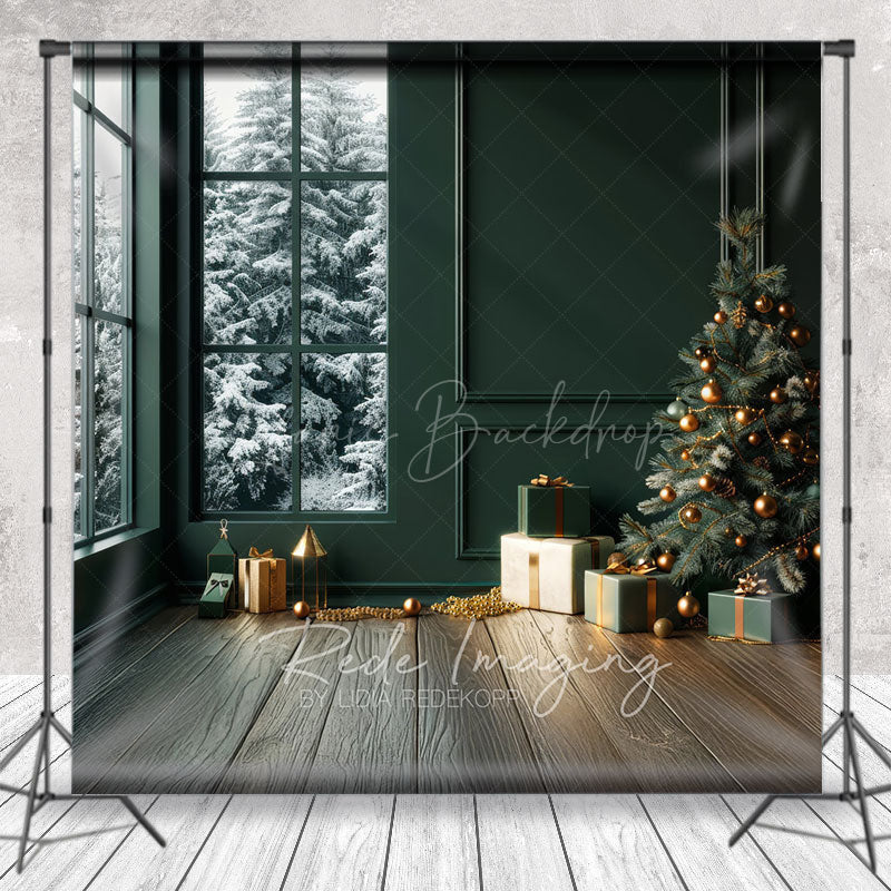 Lofaris Modern Christmas Photography Backdrop Dark Green Room with Snowy Window Minimalist Holiday Tree Background