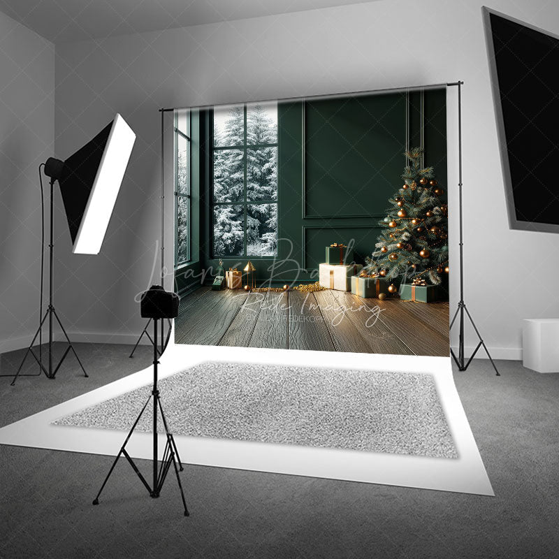 Lofaris Modern Christmas Photography Backdrop Dark Green Room with Snowy Window Minimalist Holiday Tree Background