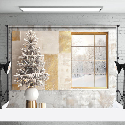 Lofaris Modern Christmas Photography Backdrop Window with Snowy Scene and Frosted Tree Neutral Holiday Studio Photo Prop
