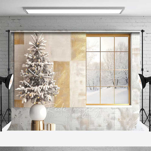 Lofaris Modern Christmas Photography Backdrop Window with Snowy View and Frosted Tree Neutral Holiday Studio Photo Prop