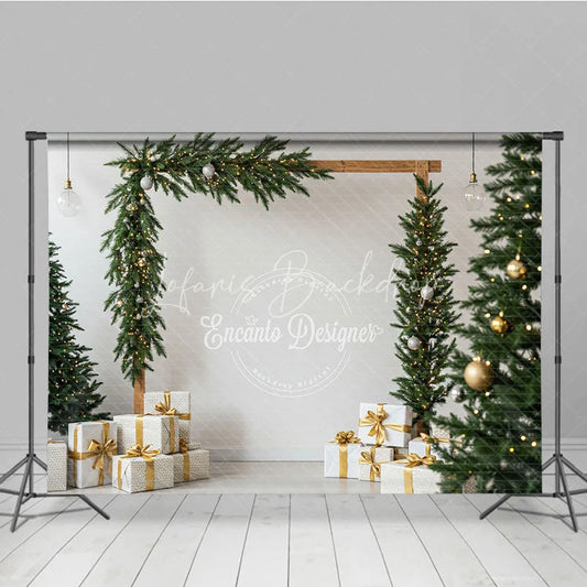 Lofaris Modern Christmas Photography Backdrop Wood Arch with Garland and Trees Minimalist Holiday Photo Background