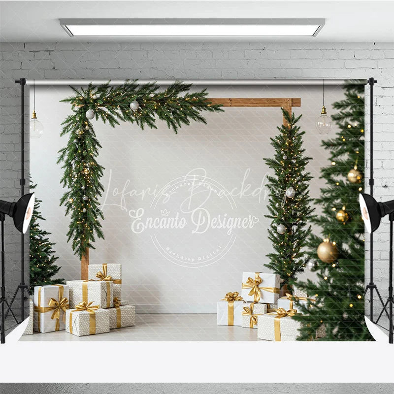 Lofaris Modern Christmas Photography Backdrop Wood Arch with Garland and Trees Minimalist Holiday Photo Background