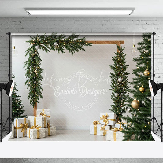 Lofaris Modern Christmas Photography Backdrop Wood Arch with Garland and Trees Minimalist Holiday Photo Background