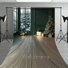 Lofaris Modern Christmas Room Sweep Backdrop Dark Green Wall with Snowy Window Holiday Mini Session Floor Drop