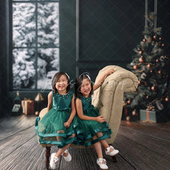 Lofaris Modern Christmas Room Sweep Backdrop Dark Green Wall with Snowy Window Holiday Mini Session Floor Drop