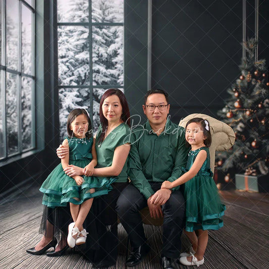 Lofaris Modern Christmas Room Sweep Backdrop Dark Green Wall with Snowy Window Holiday Mini Session Floor Drop
