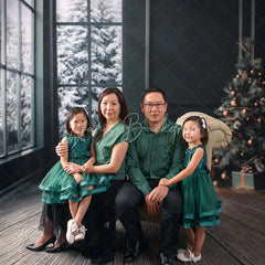 Lofaris Modern Christmas Room Sweep Backdrop Dark Green Wall with Snowy Window Holiday Mini Session Floor Drop