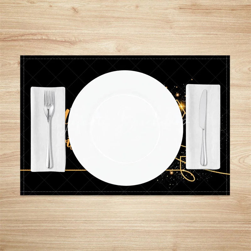 Lofaris Modern Christmas Set of 4 Placemats Black and Gold Sparkling Tree Elegant Holiday Table Mats Decor