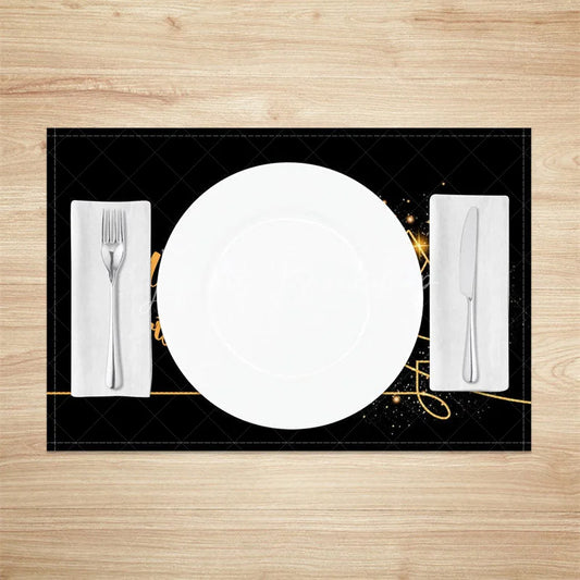 Lofaris Modern Christmas Set of 4 Placemats Black and Gold Sparkling Tree Elegant Holiday Table Mats Decor
