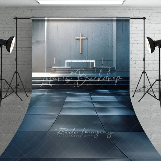 Lofaris Modern Church Interior Backdrop Minimalist Altar and Wooden Cross Religious Scene Sacred Ceremony Background