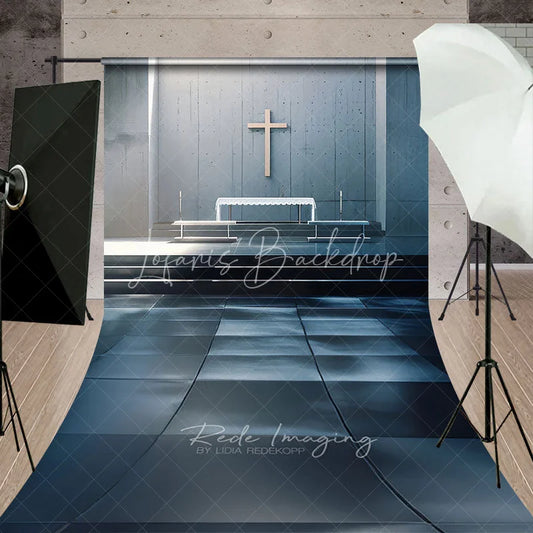 Lofaris Modern Church Interior Backdrop Minimalist Altar and Wooden Cross Religious Scene Sacred Ceremony Background