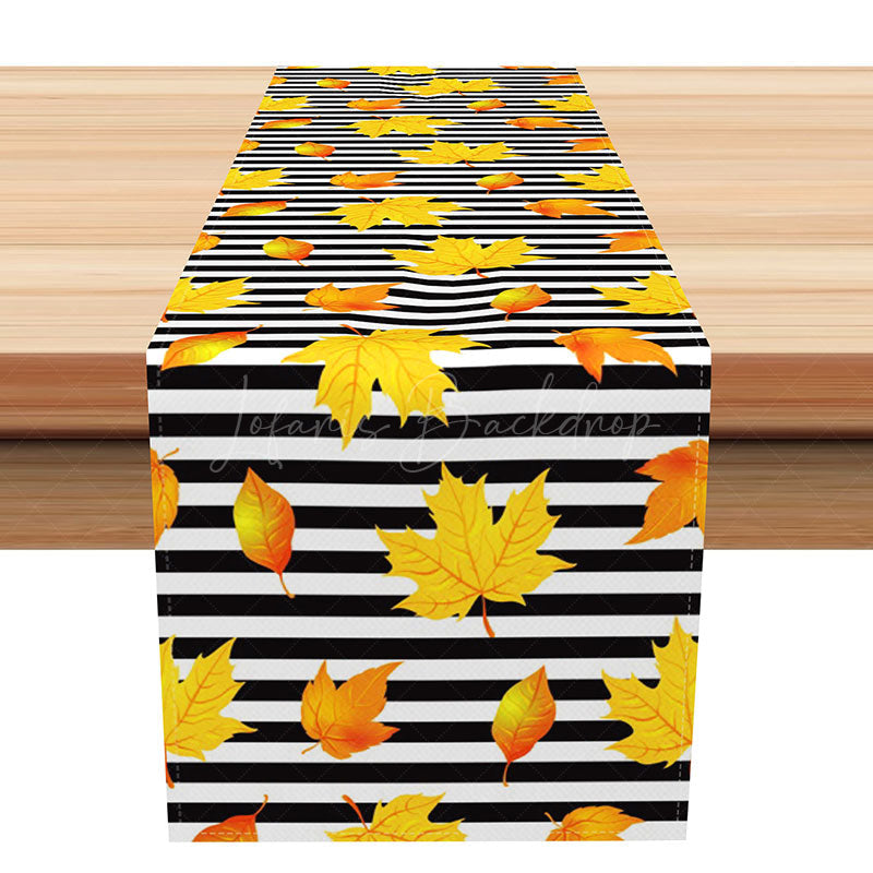 Lofaris Modern Fall Table Runner with Yellow Maple Leaves and Black White Stripes for Autumn Dining Decor