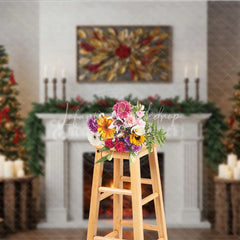 Lofaris Modern Farmhouse Christmas Fireplace Photography Backdrop White Mantle with Trees Rustic Holiday Background