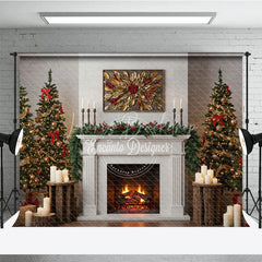 Lofaris Modern Farmhouse Christmas Fireplace Photography Backdrop White Mantle with Trees Rustic Holiday Background