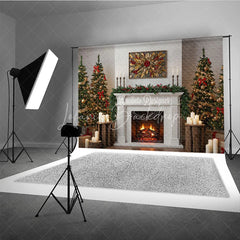 Lofaris Modern Farmhouse Christmas Fireplace Photography Backdrop White Mantle with Trees Rustic Holiday Background