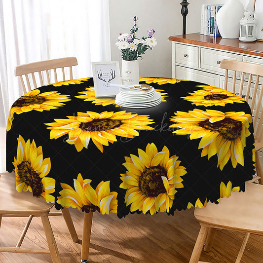 Lofaris Modern Farmhouse Sunflower Round Tablecloth in Black and Yellow for Summer Kitchen Dining Table Decor