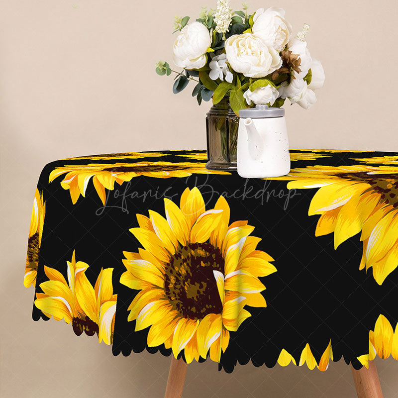 Lofaris Modern Farmhouse Sunflower Round Tablecloth in Black and Yellow for Summer Kitchen Dining Table Decor