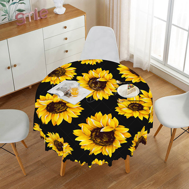 Lofaris Modern Farmhouse Sunflower Round Tablecloth in Black and Yellow for Summer Kitchen Dining Table Decor