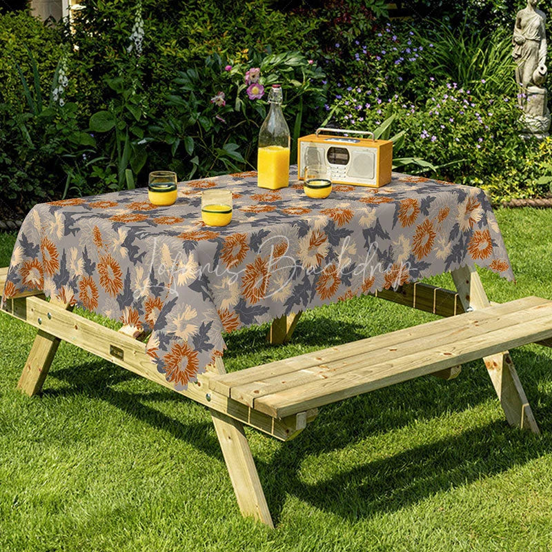 Lofaris Modern Floral Rectangle Tablecloth Grey with Orange Chrysanthemums Contemporary Botanical Dining Decor