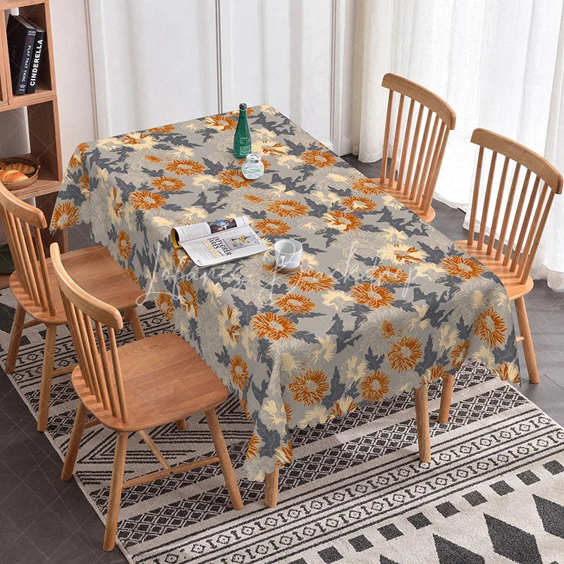 Lofaris Modern Floral Rectangle Tablecloth Grey with Orange Chrysanthemums Contemporary Botanical Dining Decor
