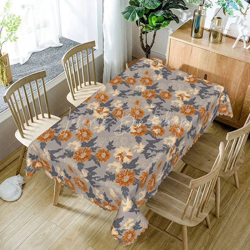 Lofaris Modern Floral Rectangle Tablecloth Grey with Orange Chrysanthemums Contemporary Botanical Dining Decor