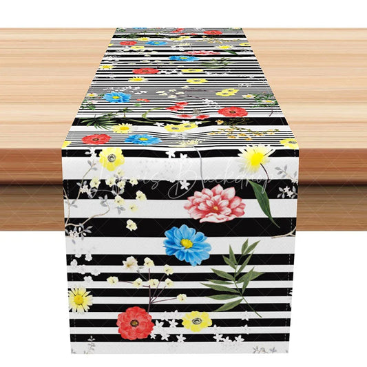 Lofaris Modern Floral Table Runner with Black and White Stripes Colorful Flowers Bold Kitchen Dining Decor