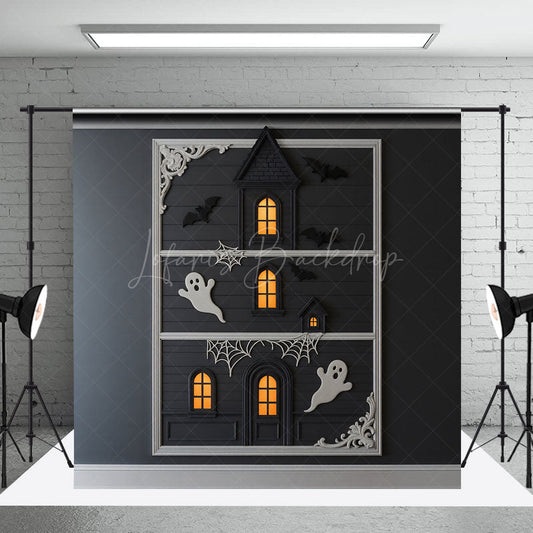 Lofaris Modern Framed Haunted House Photography Backdrop Minimalist Ghost and Bat Decor Spooky Chic Wall Art Background