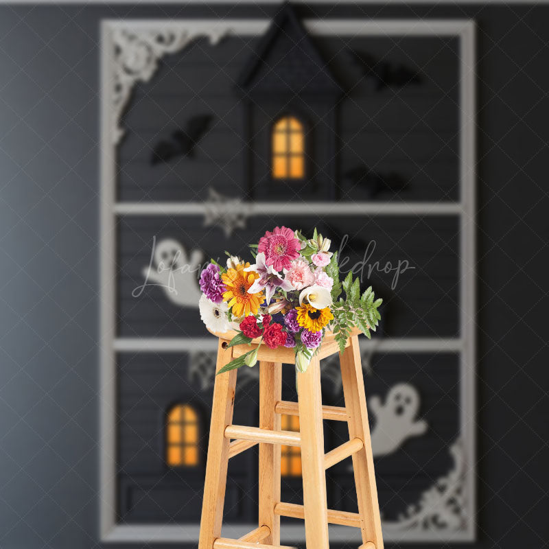 Lofaris Modern Framed Haunted House Photography Backdrop Minimalist Ghost and Bat Decor Spooky Chic Wall Art Background