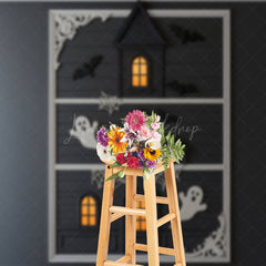 Lofaris Modern Framed Haunted House Photography Backdrop Minimalist Ghost and Bat Decor Spooky Chic Wall Art Background