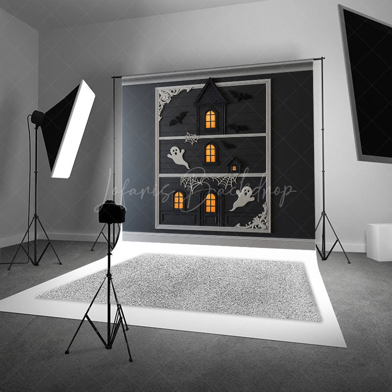 Lofaris Modern Framed Haunted House Photography Backdrop Minimalist Ghost and Bat Decor Spooky Chic Wall Art Background