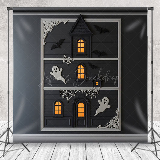 Lofaris Modern Framed Haunted House Photography Backdrop Minimalist Ghost and Bat Decor Spooky Chic Wall Art Background