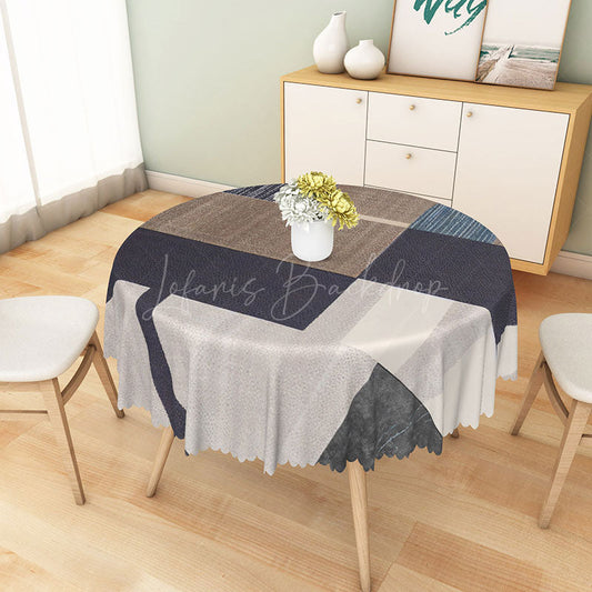 Lofaris Modern Geometric Patchwork Round Tablecloth in Brown and Gray for Neutral Contemporary Decor
