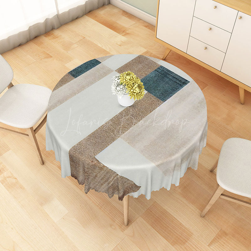 Lofaris Modern Geometric Patchwork Round Tablecloth in Grey Brown and Blue for Contemporary Abstract Decor