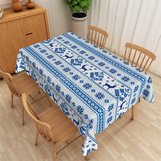 Lofaris Modern Geometric Rectangle Tablecloth Navy Blue with White Pattern Abstract Dining Table Cover Decor