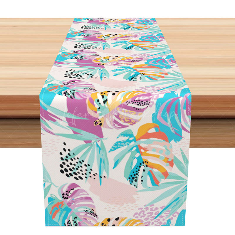 Lofaris Modern Geometric Table Runner with Tropical Palm Leaves for Contemporary Kitchen and Summer Party Decor