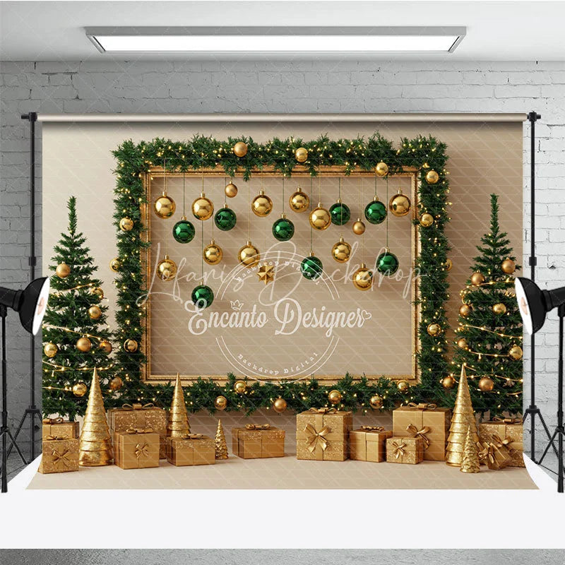 Lofaris Modern Gold and Green Christmas Photography Backdrop Garland Frame with Ornaments Elegant Holiday Photo Booth