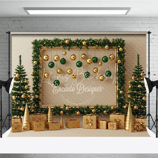 Lofaris Modern Gold and Green Christmas Photography Backdrop Garland Frame with Ornaments Elegant Holiday Photo Booth