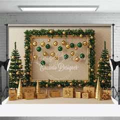 Lofaris Modern Gold and Green Christmas Photography Backdrop Garland Frame with Ornaments Elegant Holiday Photo Booth