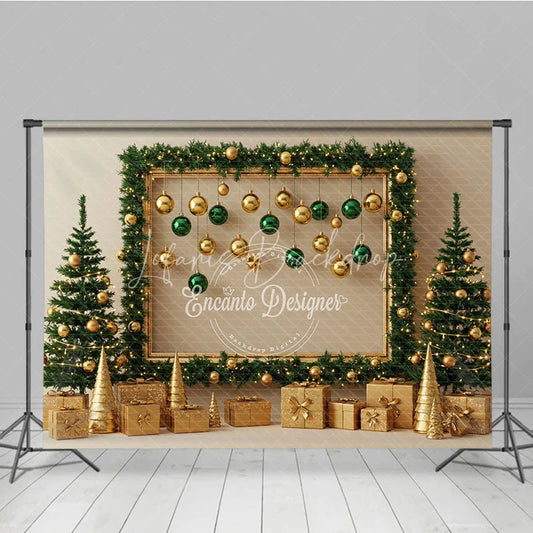Lofaris Modern Gold and Green Christmas Photography Backdrop Garland Frame with Ornaments Elegant Holiday Photo Booth