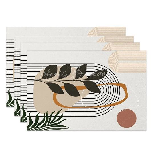Lofaris Modern Green Leaf and Brown Circle Set of 4 Placemats for Mid-Century Geometric Botanical Decor