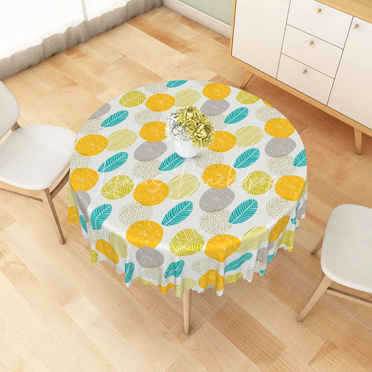 Lofaris Modern Green Leaf and Orange Dot Round Tablecloth for Fun Contemporary Spring Summer Decor